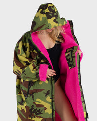Woman wearing Camo Pink dryrobe® Advance Long Sleeve unzipped, showing the inner lining