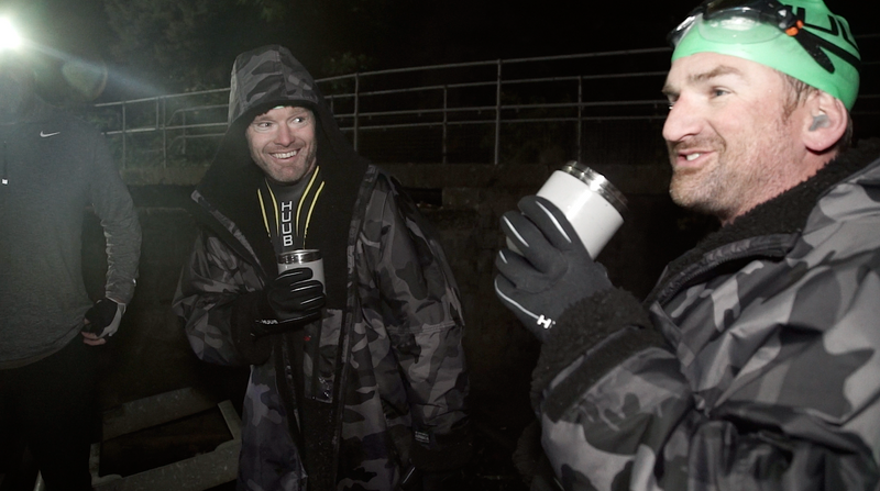  Michael Coates & Nathan Jones on a break during the 26.2 mile challenge wearing a dryrobe