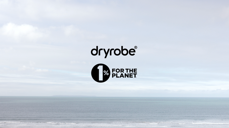 The dryrobe and 1% for the Planet logos displayed in black text over a background image of a calm sea and a cloudy, bright sky.