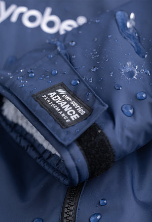 Blue Dryrobe® changing robe with a brand label on a blue background