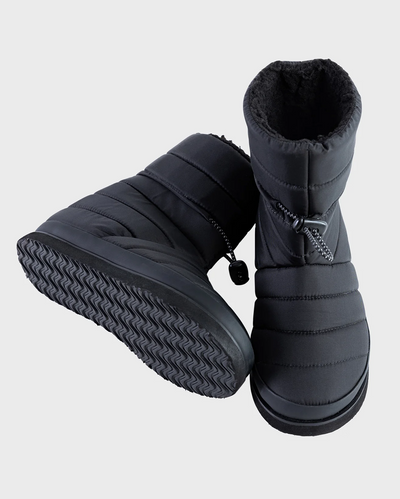 Pair of black Dryrobe® winter thermal boots on a light gray background