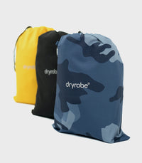 All three colours of the dryrobe® Waterproof Poncho shown side-by-side, packed in stash bags 