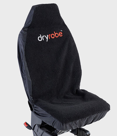 Black Dryrobe® car seat cover with brand logo on a grey background