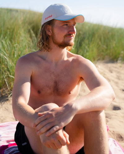 male on beach wearing grey Dryrobe® water resistant cap 