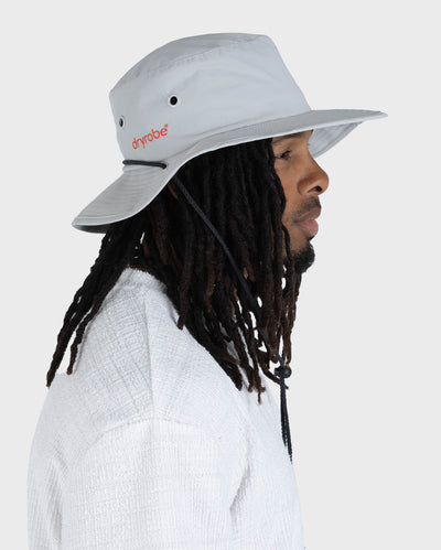 Male in studio wearing grey Dryrobe® water resistant wide brimmed hat 