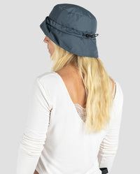 Woman with back to the camera, wearing dryrobe Fleece Lined Bucket Hat in Dark Grey