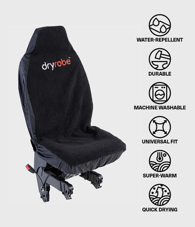 A black Dryrobe car seat cover shown on a vehicle seat against a light gray background, with a vertical list of feature icons on the right reading water-repellent, durable, machine washable, universal fit, super-warm, and quick drying.