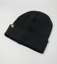 Black beanie with a logo on a light gray background