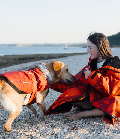 A woman and her golden retriever dog sit on a pebble beach, both wearing bright orange waterproof Dryrobe and dog coat. The woman is looking at the dog, and the dog is looking at her, with the sea and distant land in the background.