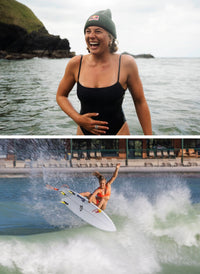 A split-screen lifestyle image featuring a woman in a black one-piece swimsuit. The top half shows her smiling and laughing while standing in shallow water, wearing a dark green beanie.
