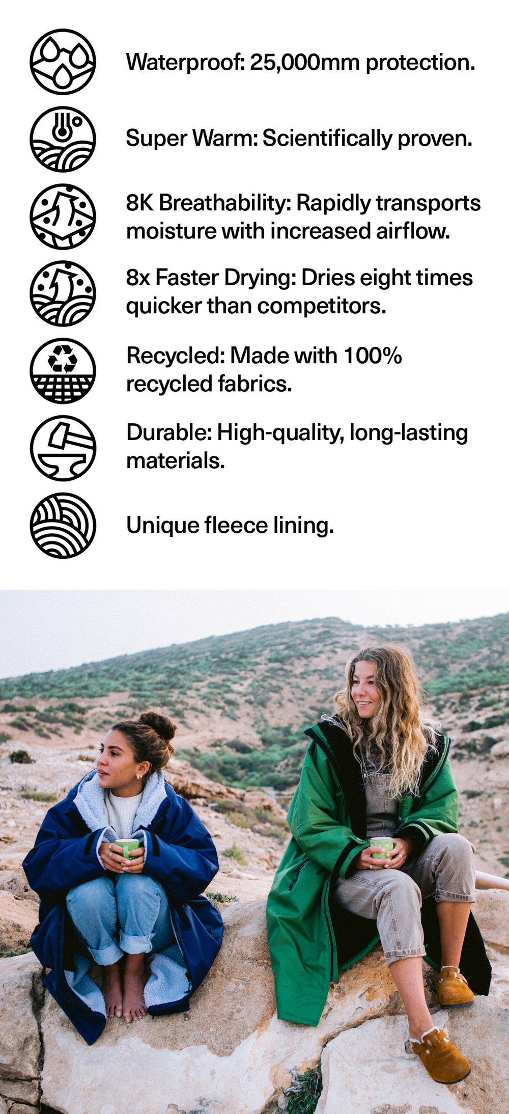 Two people sitting on a rock outdoors wearing Dryrobe® change robes with text alongside detailing waterproof and warm clothing features of the product.