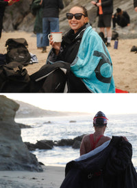 A two-panel lifestyle photo of a woman on a beach. The top panel shows her smiling while wrapped in a bright turquoise blanket with a black graphic, wearing sunglasses and a black jacket and holding a white mug.