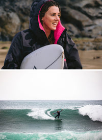 A split image showing a woman wearing a dark gray and black camouflage hooded jacket with a bright pink hood lining, holding a white surfboard in an outdoor beach setting, and a second scene of a surfer riding a turquoise ocean wave.