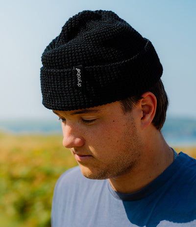 *MALE* A man wearing a black knit beanie with a small white 'dryrobe' logo tag, photographed outdoors against a blurred blue sky and grassy background.
