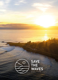 Sunsetting over people surfing a point break in Santa Cruz, featuring “Save the Waves Coalition” Logo