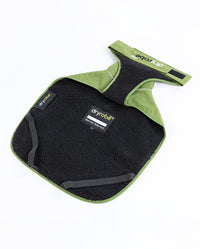 Black and green dog coat with 'Dryrobe' branding on a white background
