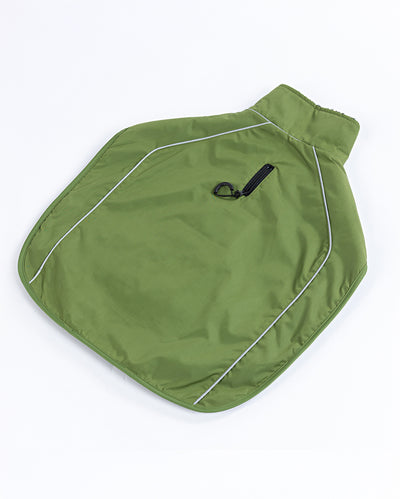 Green dog raincoat with a zipper on a white background