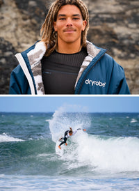 A split image showing a man wearing a blue Dryrobe jacket in a rocky outdoor setting on top, and a surfer riding a wave wearing the same jacket on the bottom.