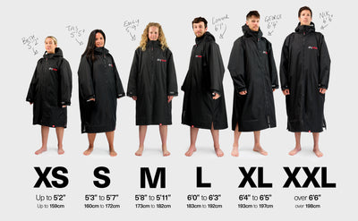 dryrobes displayed on models with size chart on a white background