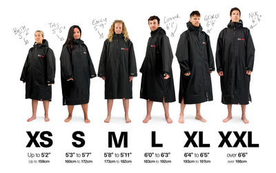 dryrobes displayed on models with size chart below.