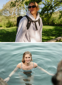 A split-screen lifestyle image showing a woman outdoors. The top half shows her wearing a light gray hoodie, black backpack, and sunglasses in a sunny park.