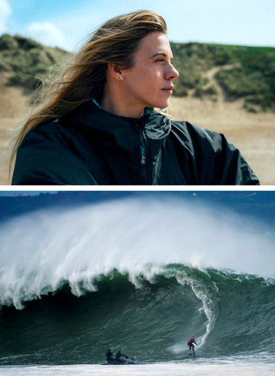 Team Dryrobe® surfer Laura Crane on a beach and surfing a big wave in Nazare 