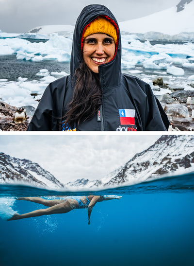 Collage featuring a close up of Bárbara Hernández Huerta and underwater shot of her swimming in icy waters