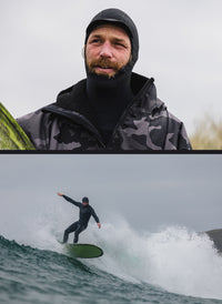 Collage featuring a close up of Ben Skinner and him surfing a longboard 