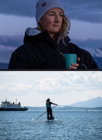 Collage featuring a close up of Cal Major and her paddling a stand up paddle board 