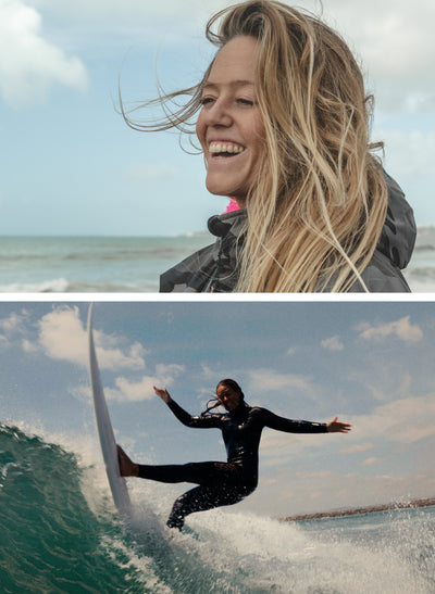 Collage of Camilla Kemp, professional female surfer wearing black camo pink Dryrobe® long sleeve advance before and after surfing 