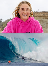  Collage featuring a close up of Izzi Gomez and her surfing a large wave at Jaws