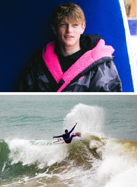 Collage featuring a close up of Lukas Skinner and him surfing a shortboard