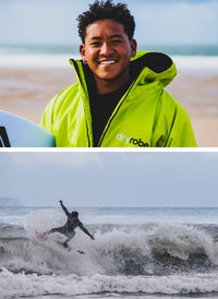 Collage featuring a close up of Mini Cho and him surfing a shortboard 