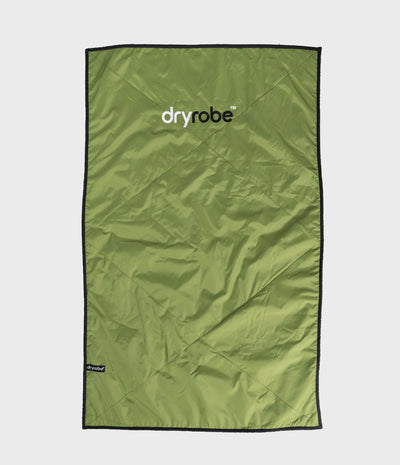 An olive green Dryrobe waterproof blanket with a black border and the 'dryrobe' logo printed in white near the top center, shown flat against a light gray background.