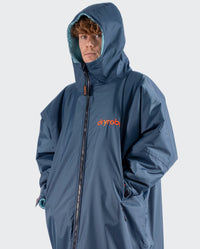 *MALE* wearing Limited Edition RNLI dryrobe Advance with hood and zip up 