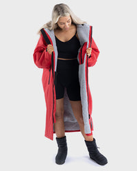 Woman wearing Red Grey dryrobe® Advance Long Sleeve unzipped