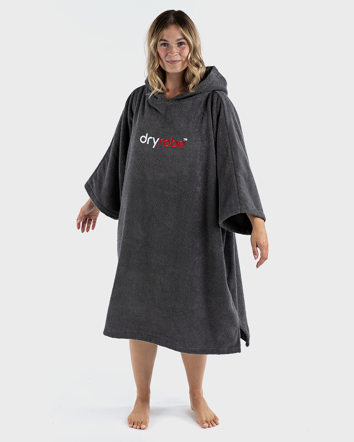 Woman wearing Slate Grey Organic Towel dryrobe®