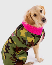 Labradoodle sitting down, wearing Camo Pink dryrobe® Dog 