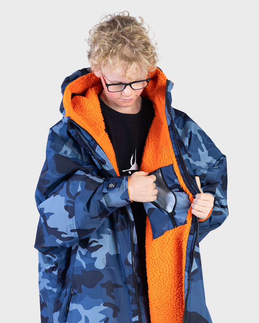 Blue Camo Orange Long Sleeve Kids Advance Changing Robe | Dryrobe®