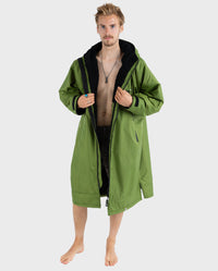 *MALE* wearing Forest Green dryrobe® Advance Long Sleeve, unzipped