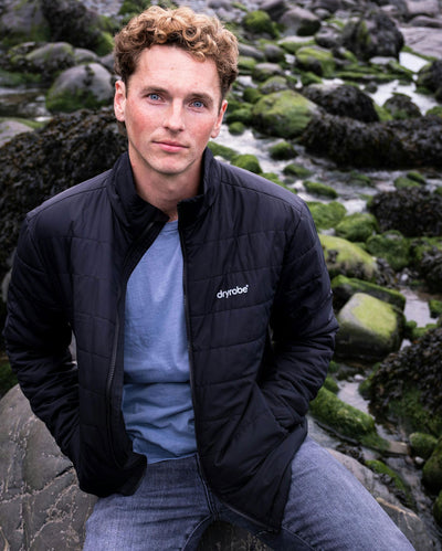 Man sat on rocks looking into camera,  wearing dryrobe Mid-Layer Jacket in Black 