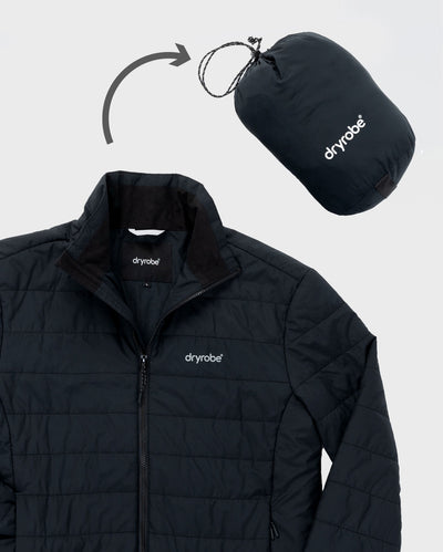 dryrobe Mid-Layer Jacket in Black shown next to stash bag 