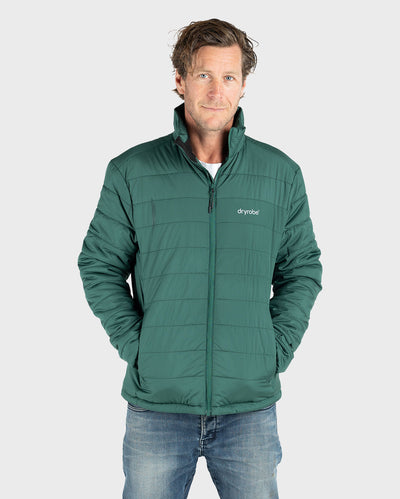 Man wearing dryrobe Mid-Layer Jacket in Hunter Green 