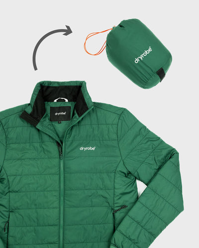 dryrobe Mid-Layer Jacket in Hunter Green, next to stash bag 