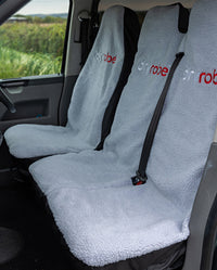 1|Single and double Grey dryrobe® Water-repellent Car Seat Covers shown in a van