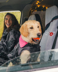 1|Woman and dog looking out the window of a van, sitting on Grey dryrobe® Water-repellent Car Seat Covers