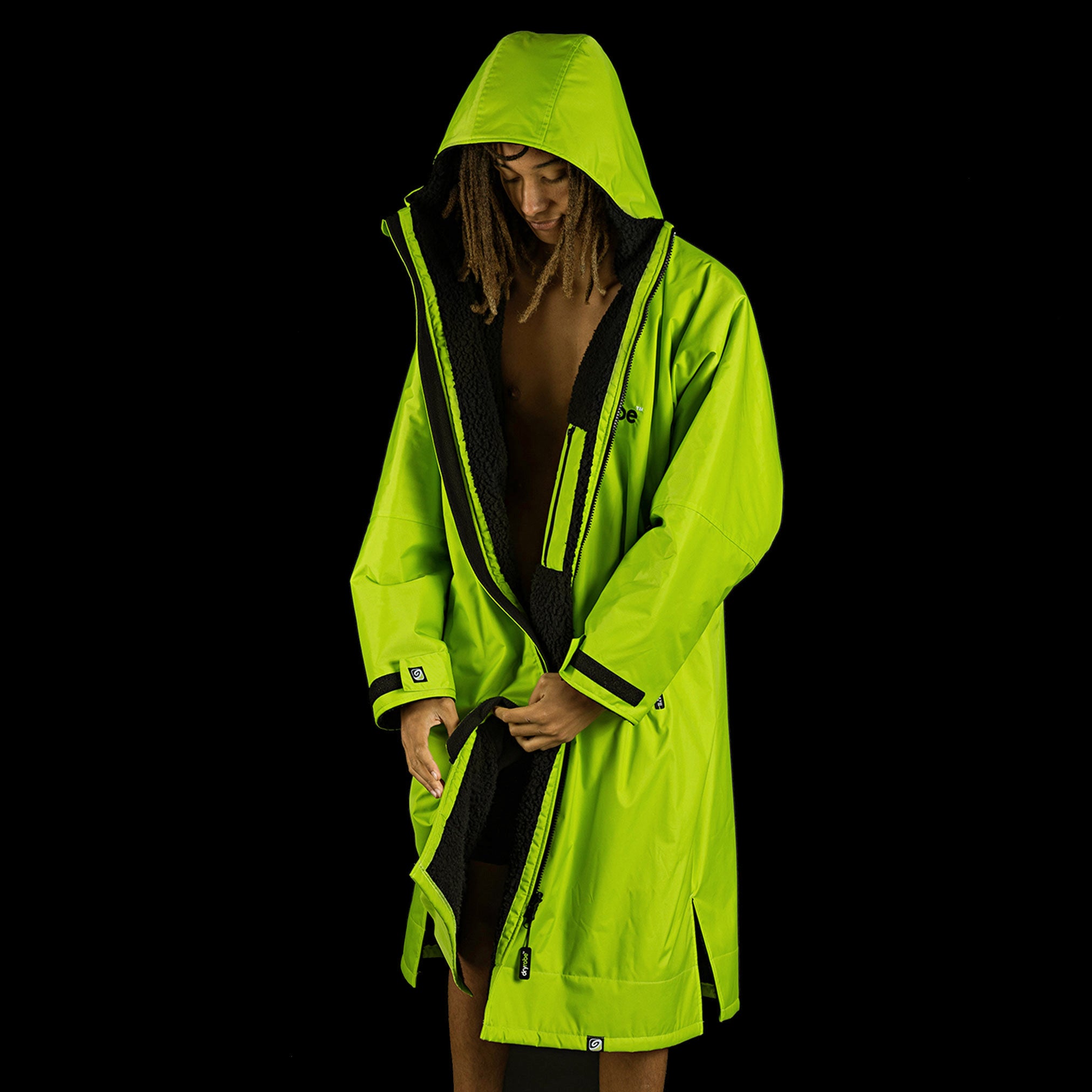1|dryrobe Advance Long Sleeve Lime Green Black Showing Hood up