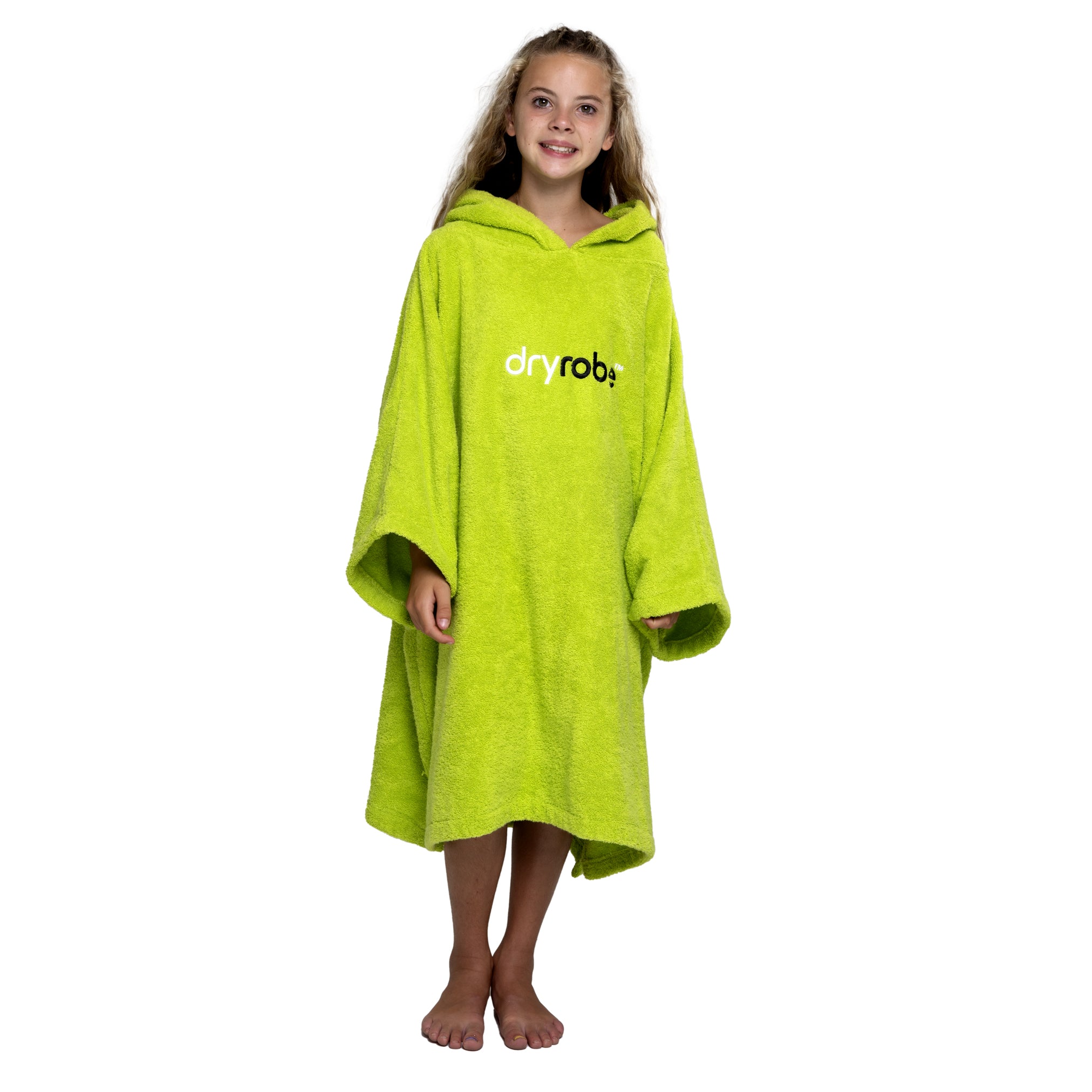 Girl wearing organic cotton towel dryrobe® in orangeBoy wearing organic cotton towel dryrobe® in lime green 