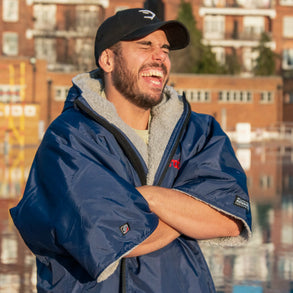 1| dryrobe Advance Short Sleeve Navy Grey Ross Edgley Swimmer Lifestyle Image